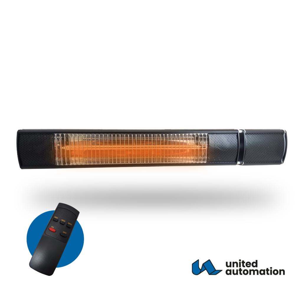 Wall-mounted infrared patio heater with remote control and dimming, outdoor heating, energy-efficient, cosy, warm, patio, garden, terrace, customisable warmth, modern design, A-HL-E72C-R2-RM1-B