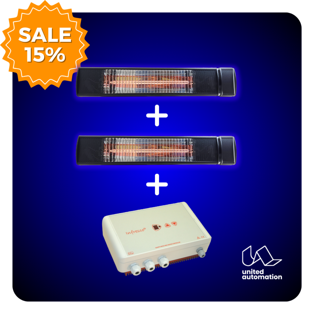 2x Wall Mounted Patio Heater 1.5kW + Infresco Remote 4KW 