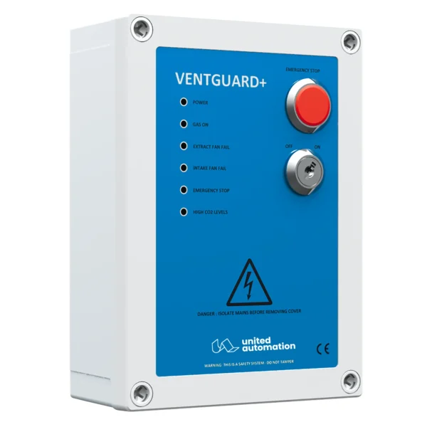 VentGuard+ kitchen safety system, ventilation control, emergency stop, fan current monitoring, BS6173:2009, IGEM/UP/19 compliant, UK-manufactured