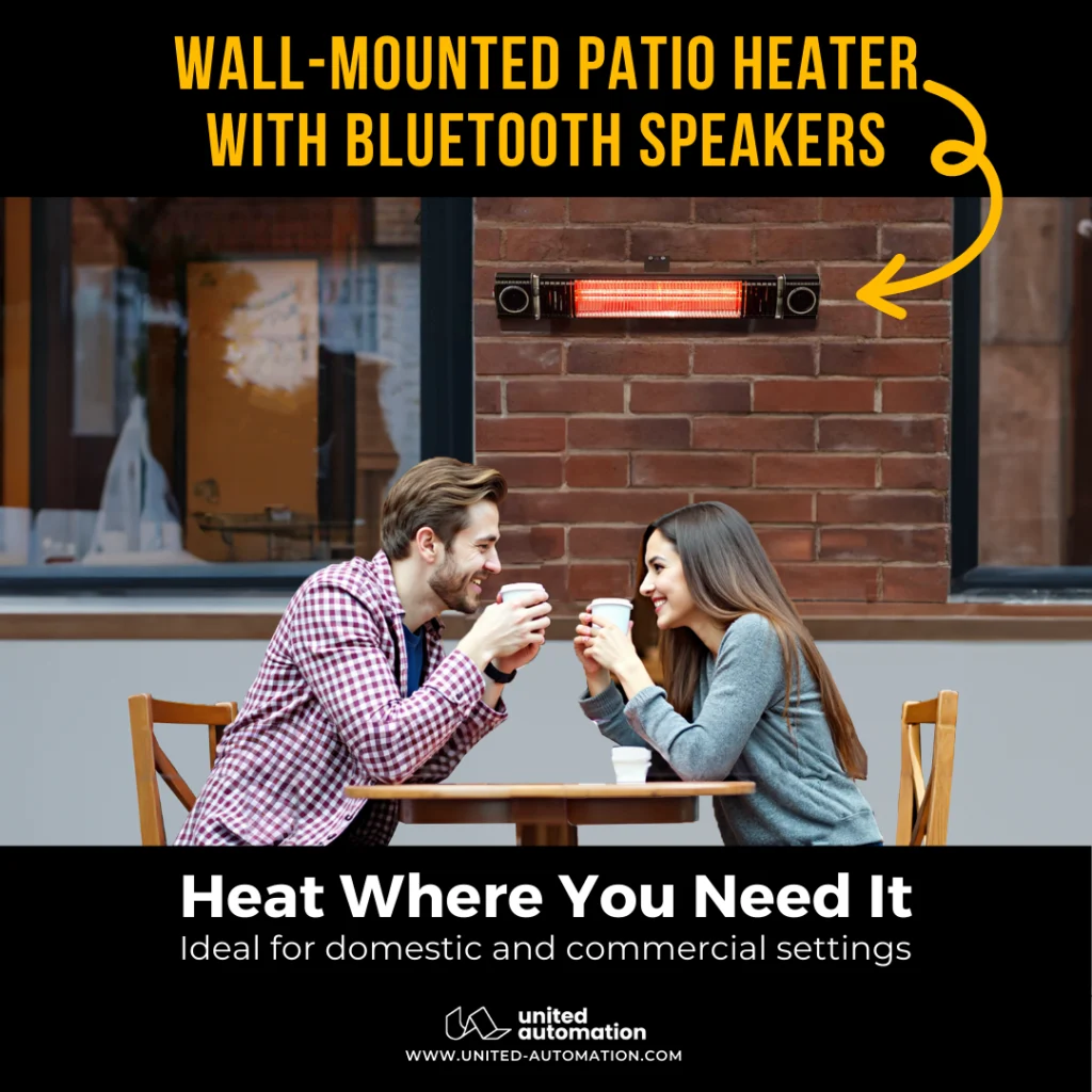 Wall-mounted infrared patio heater with Bluetooth speakers, outdoor heating, energy-efficient, cosy, warm, patio, garden, terrace, music, entertainment