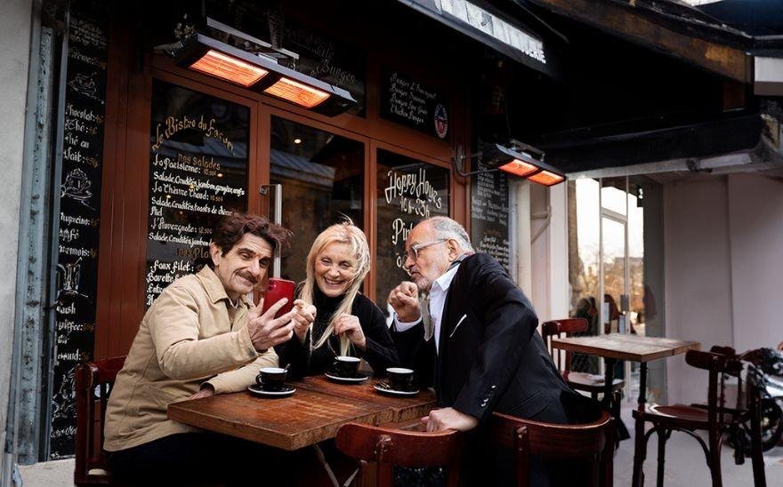 Outdoor hospitality heating, infrared heaters for cafes, restaurant patio heating, event heaters, people at an outdoor cafe, United Automation heating solutions