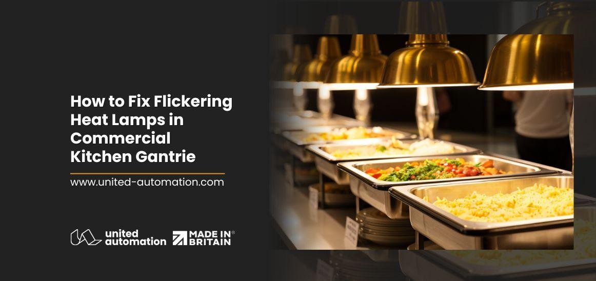 Commercial catering gantry with quartz heat lamps controlled by QLC-RFI regulator